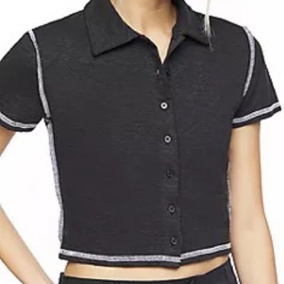 NEW! Forever 21 Button Down Shirt Collared Juniors XL Cotton Short Sleeve - Picture 1 of 12